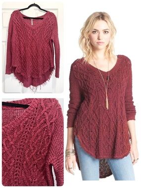 Free People Cross My Heart Sweater Distressed Cable Knit Burgundy FP Size XS